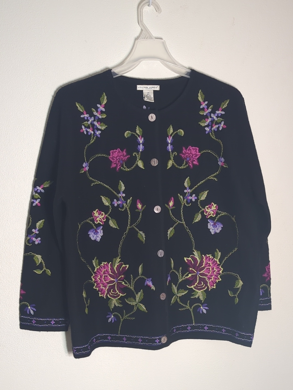 Jillian Jones  Womens Cardigan Sweater 100% Wool Floral Embroidery Plus Size 2X